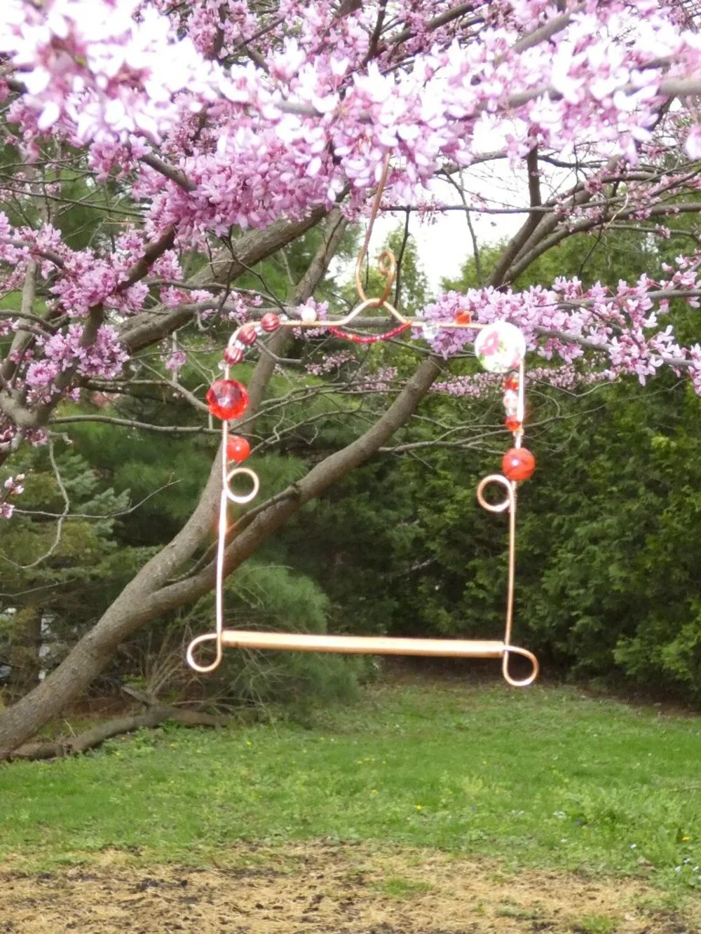Copper Hummingbird Perch Swing with Detachable Copper Hook Red Beads